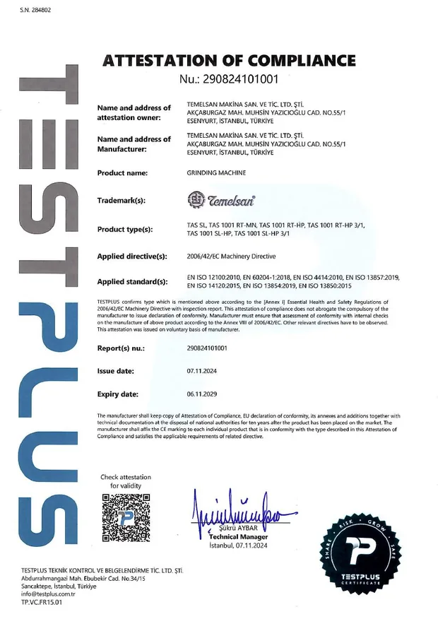 Grinding Machine certificate preview