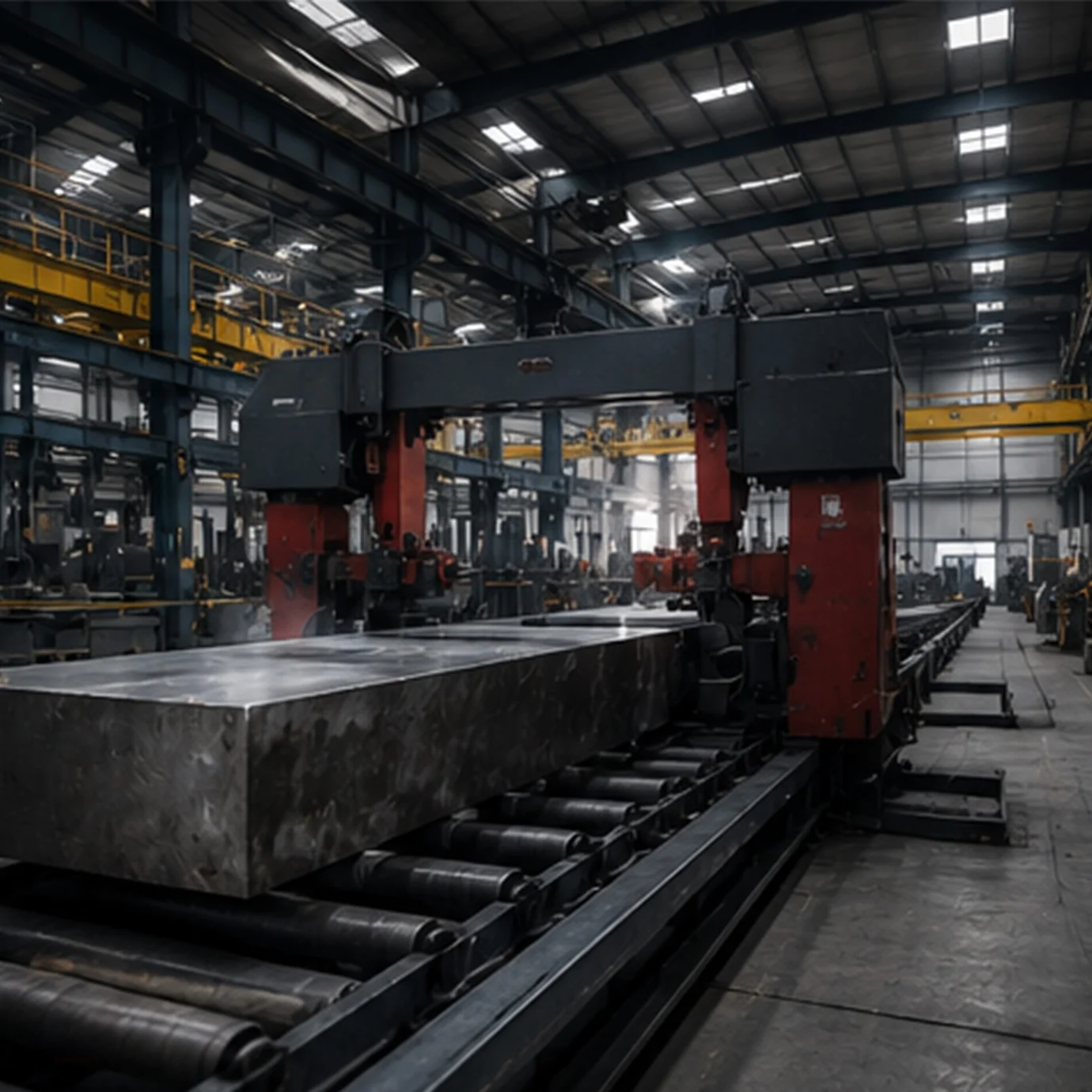 Large industrial band saw in a manufacturing facility