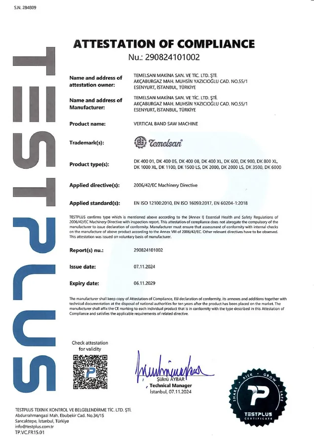 Vertical Band Saw Machine certificate preview